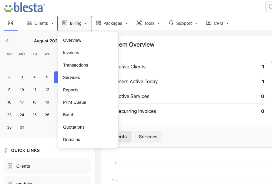 The Billing dropdown open in the top menu bar, showing Overview, Invoices, Transactions, Services, Reports, Print Queue, Batch, Quotations, and Domains