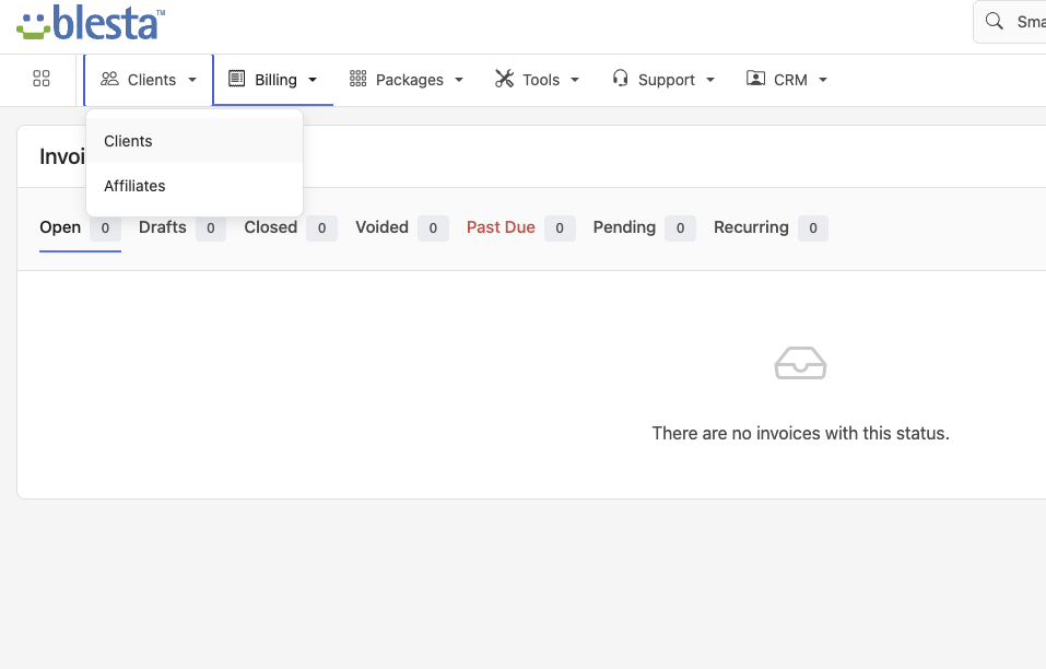 The Clients dropdown open in the top menu bar, showing Clients and Affiliates