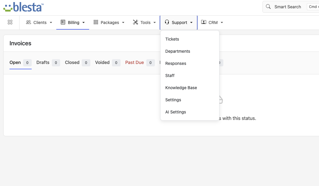 Vanilla Horizontal's top menu bar with the Support dropdown open, showing Tickets, Departments, Responses, Staff, Knowledge Base, Settings, and AI Settings
