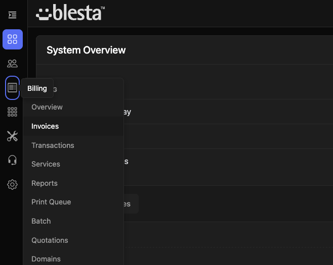 Hovering the Billing icon shows a tooltip label and a fly-out menu listing Overview, Invoices, Transactions, Services, Reports, Print Queue, Batch, Quotations, and Domains
